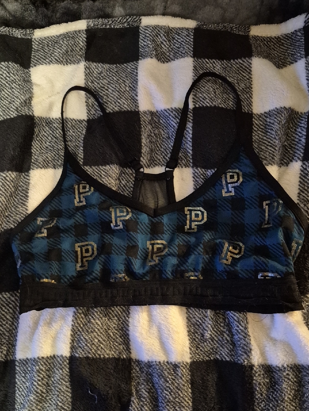 PINK Victoria's Secret Blue and Black Plaid Logo Bralette